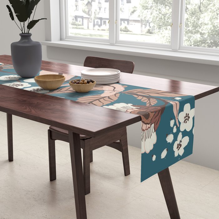 Mocha Mousse and Teal Winter Floral Pattern Elegant Vintage Botanical Design  Table Runner Gallery Image 2