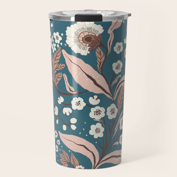 Mocha Mousse and Teal Winter Floral Pattern Elegant Vintage Botanical Design  Travel Mug Gallery Image 1