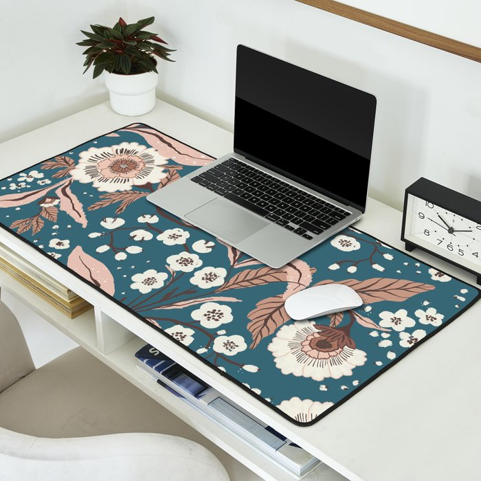 Mocha Mousse and Teal Winter Floral Pattern Elegant Vintage Botanical Design  Desk Mat Gallery Image 2