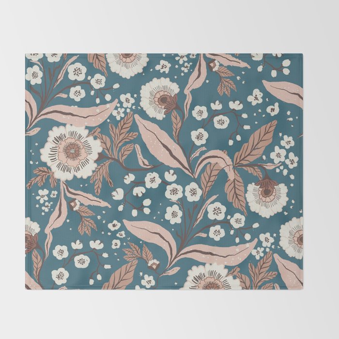 Mocha Mousse and Teal Winter Floral Pattern Elegant Vintage Botanical Design  Throw Blanket Gallery Image 2