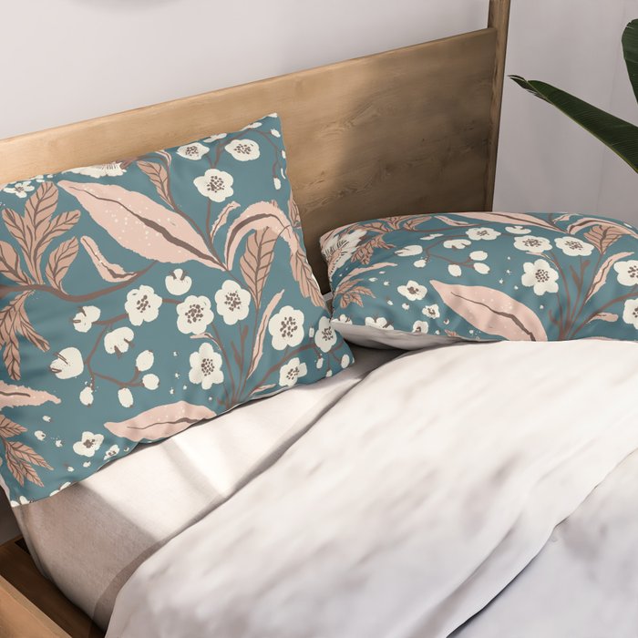 Mocha Mousse and Teal Winter Floral Pattern Elegant Vintage Botanical Design  Pillow Sham Gallery Image 2