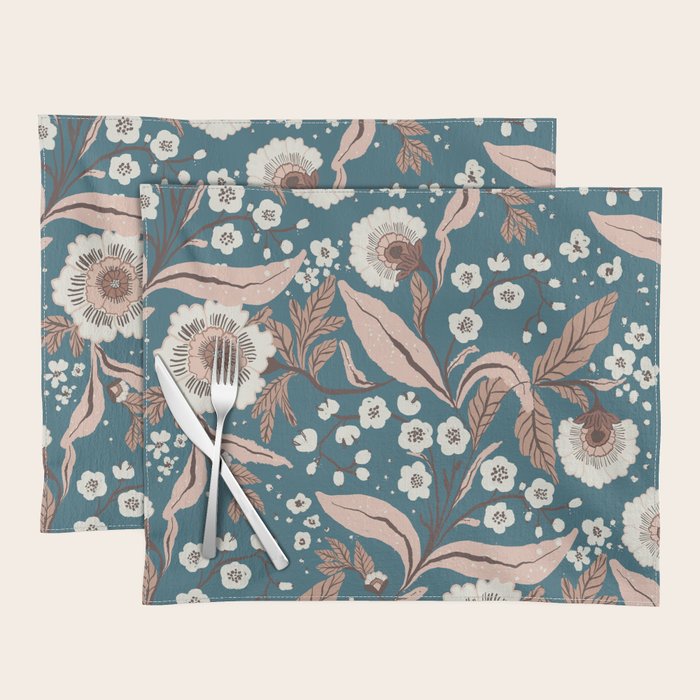 Mocha Mousse and Teal Winter Floral Pattern Elegant Vintage Botanical Design  Placemat