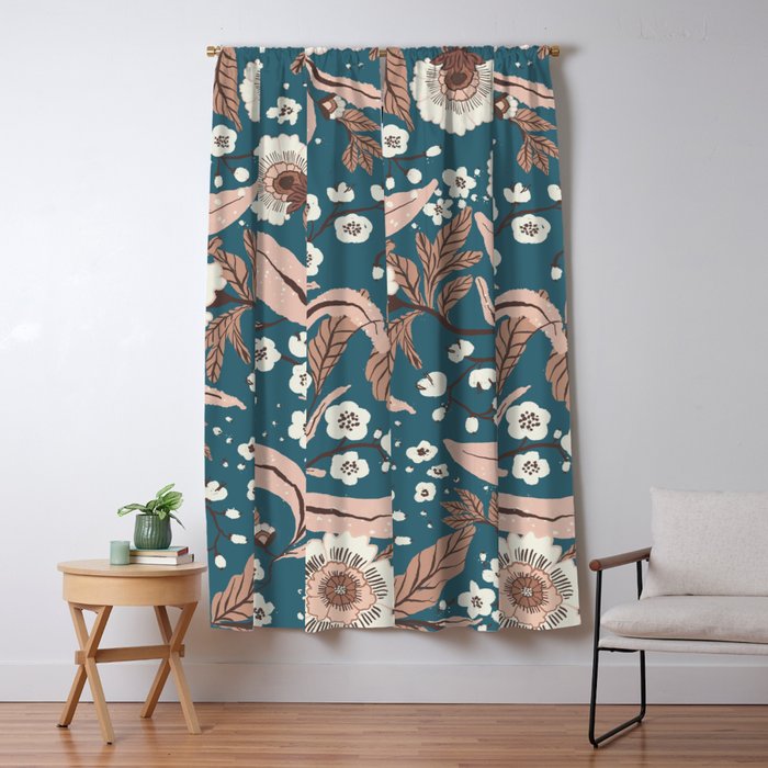 Mocha Mousse and Teal Winter Floral Pattern Elegant Vintage Botanical Design  Window Curtain Gallery Image 5