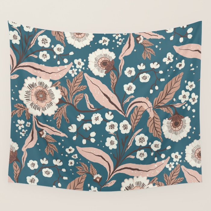 Mocha Mousse and Teal Winter Floral Pattern Elegant Vintage Botanical Design  Wall Tapestry Gallery Image 4