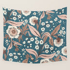 Mocha Mousse and Teal Winter Floral Pattern Elegant Vintage Botanical Design  Wall Tapestry Gallery Image 4