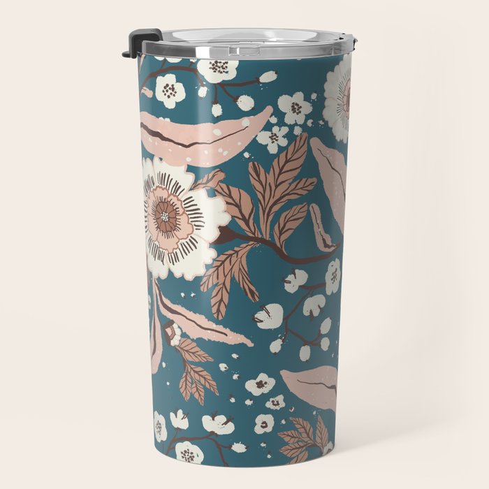 Mocha Mousse and Teal Winter Floral Pattern Elegant Vintage Botanical Design  Travel Mug Gallery Image 3