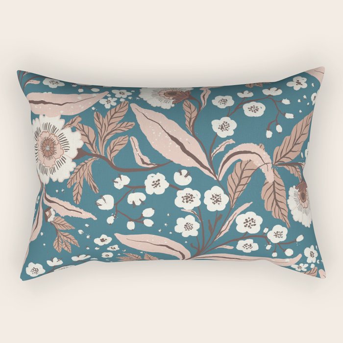 Mocha Mousse and Teal Winter Floral Pattern Elegant Vintage Botanical Design  Rectangular Pillow Gallery Image 2