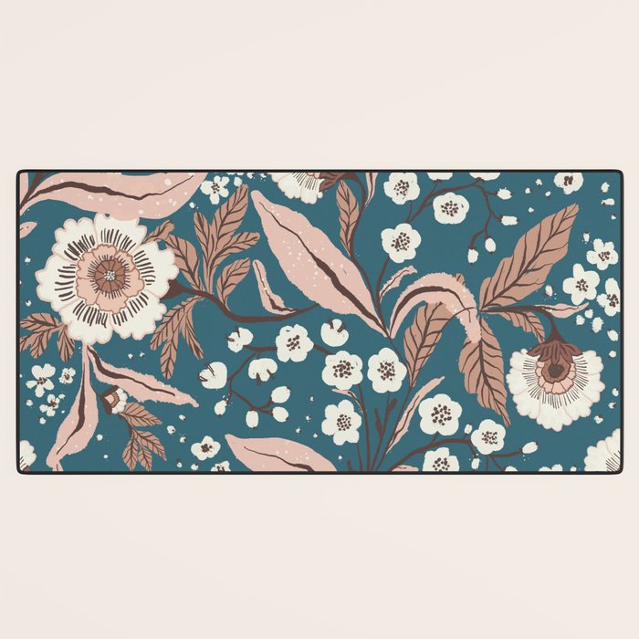 Mocha Mousse and Teal Winter Floral Pattern Elegant Vintage Botanical Design  Desk Mat Gallery Image 3