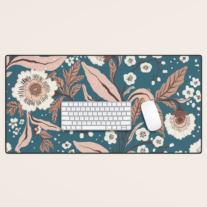 Mocha Mousse and Teal Winter Floral Pattern Elegant Vintage Botanical Design  Desk Mat Gallery Image 1