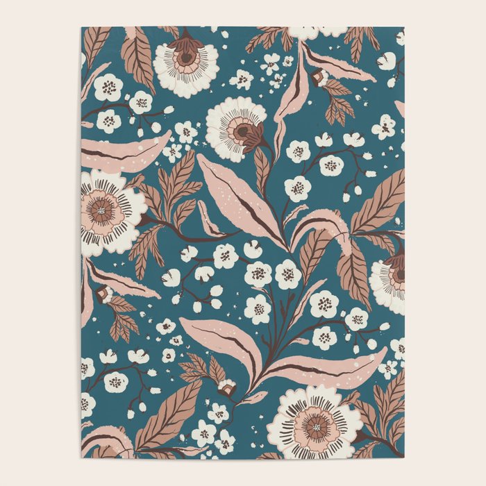 Mocha Mousse and Teal Winter Floral Pattern Elegant Vintage Botanical Design  Poster Gallery Image 4