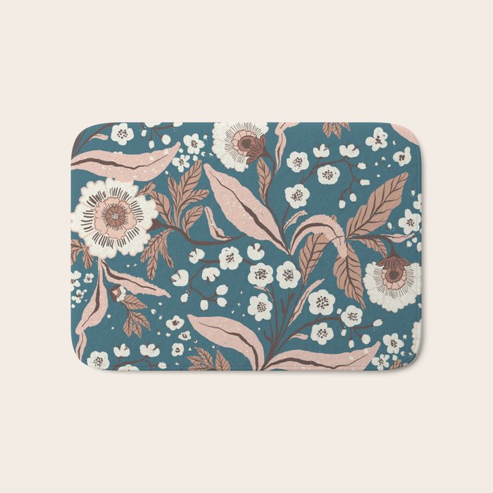 Mocha Mousse and Teal Winter Floral Pattern Elegant Vintage Botanical Design  Bath Mat Gallery Image 1
