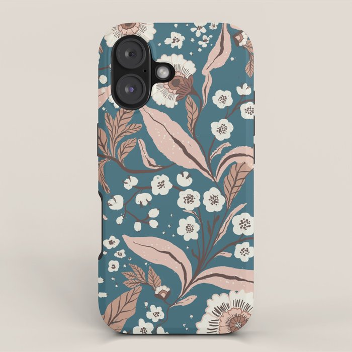 Mocha Mousse and Teal Winter Floral Pattern Elegant Vintage Botanical Design  iPhone Case Gallery Image 1