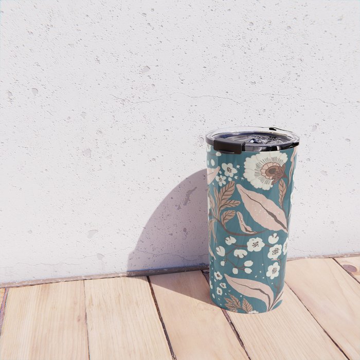 Mocha Mousse and Teal Winter Floral Pattern Elegant Vintage Botanical Design  Travel Mug Gallery Image 4