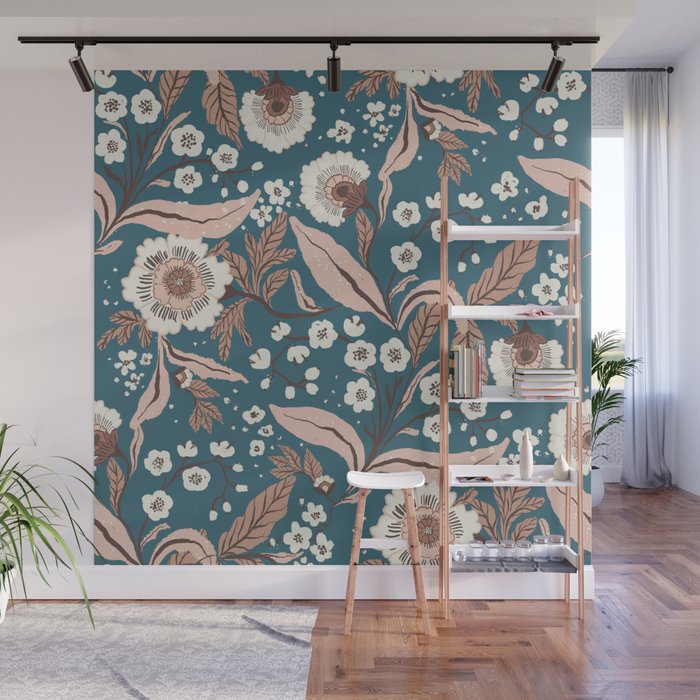 Mocha Mousse and Teal Winter Floral Pattern Elegant Vintage Botanical Design  Wall Mural Gallery Image 1