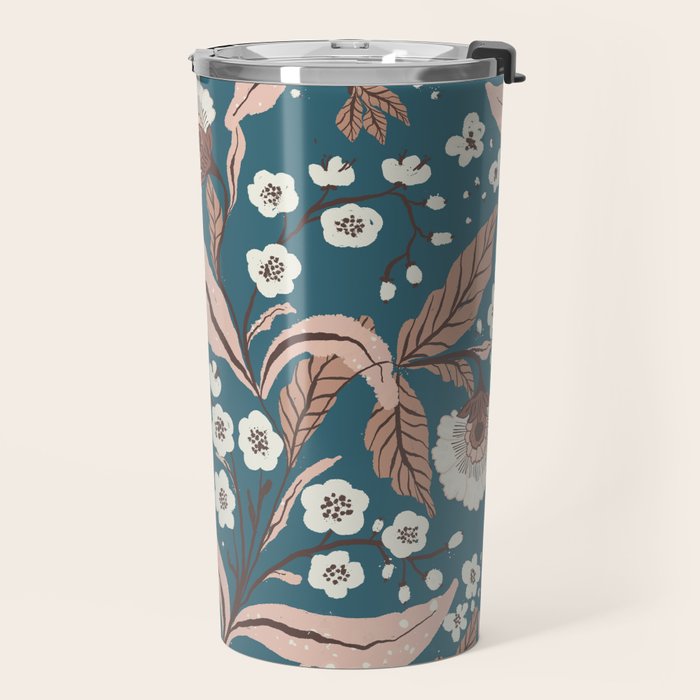 Mocha Mousse and Teal Winter Floral Pattern Elegant Vintage Botanical Design  Travel Mug Gallery Image 2