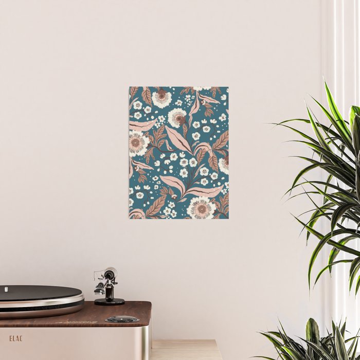 Mocha Mousse and Teal Winter Floral Pattern Elegant Vintage Botanical Design  Poster Gallery Image 2