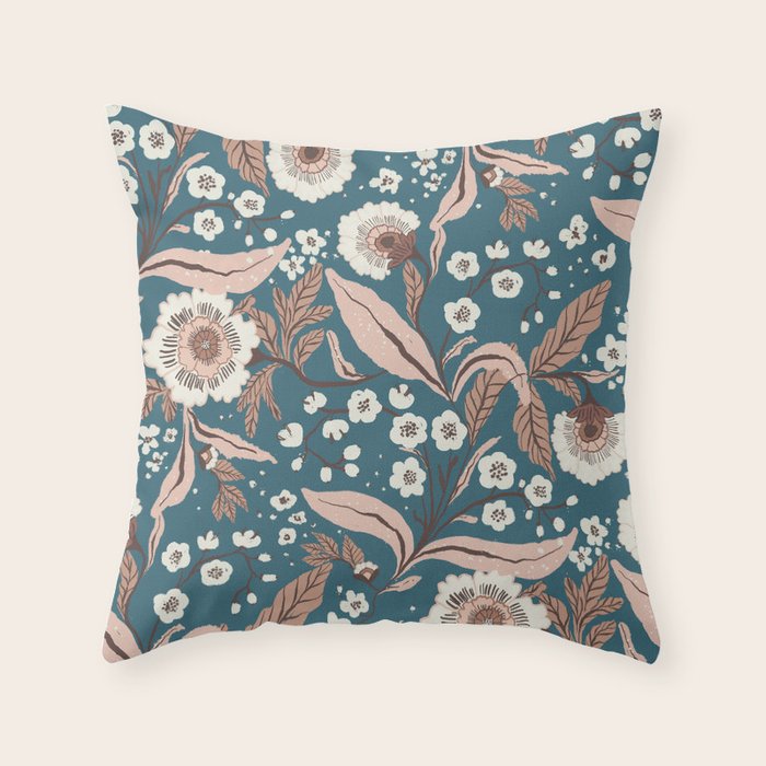 Mocha Mousse and Teal Winter Floral Pattern Elegant Vintage Botanical Design  Throw Pillow Gallery Image 1