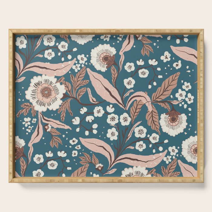 Mocha Mousse and Teal Winter Floral Pattern Elegant Vintage Botanical Design  Serving Tray Gallery Image 1