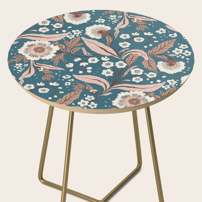Mocha Mousse and Teal Winter Floral Pattern Elegant Vintage Botanical Design  Side Table Gallery Image 2