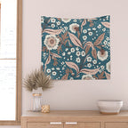 Mocha Mousse and Teal Winter Floral Pattern Elegant Vintage Botanical Design  Wall Tapestry Gallery Image 2