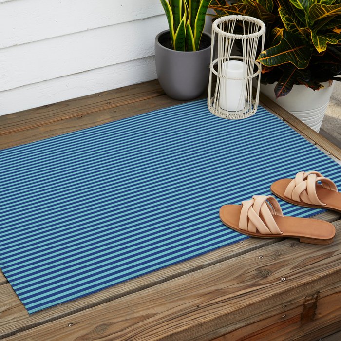 Ultra Fine Stripe Narrow Vertical Pinstripe Pattern in Double Blue Outdoor Rug Gallery Image 2