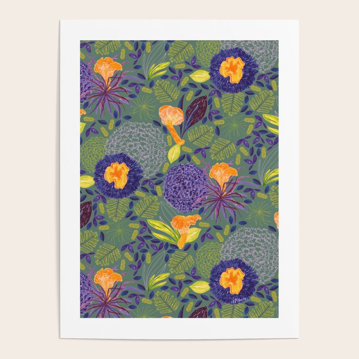 Forest Full of Wild Mushrooms in Sage & Plum Poster Gallery Image 1