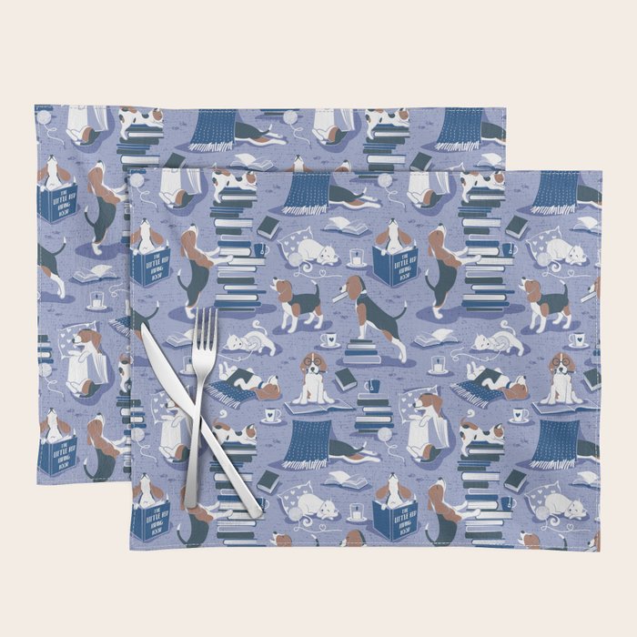 Life is better with books a hot drink and a friend // indigo blue background brown white and blue beagles and cats and classic blue cozy details Placemat Gallery Image 1