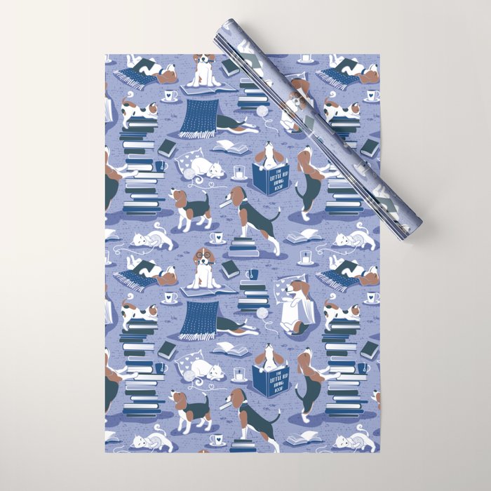 Life is better with books a hot drink and a friend // indigo blue background brown white and blue beagles and cats and classic blue cozy details Wrapping Paper Gallery Image 1