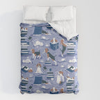 Life is better with books a hot drink and a friend // indigo blue background brown white and blue beagles and cats and classic blue cozy details Comforter Gallery Image 6
