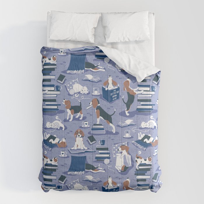Life is better with books a hot drink and a friend // indigo blue background brown white and blue beagles and cats and classic blue cozy details Comforter Gallery Image 6