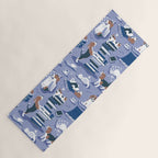 Life is better with books a hot drink and a friend // indigo blue background brown white and blue beagles and cats and classic blue cozy details Yoga Mat Gallery Image 1