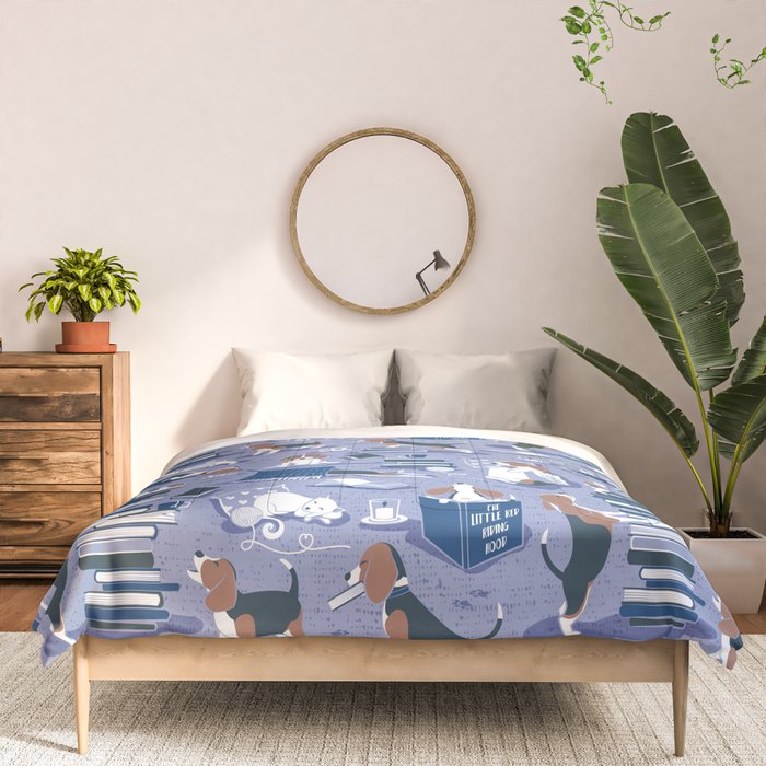 Life is better with books a hot drink and a friend // indigo blue background brown white and blue beagles and cats and classic blue cozy details Comforter Gallery Image 3