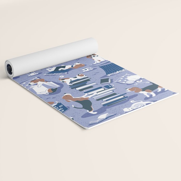 Life is better with books a hot drink and a friend // indigo blue background brown white and blue beagles and cats and classic blue cozy details Yoga Mat Gallery Image 2