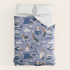 Life is better with books a hot drink and a friend // indigo blue background brown white and blue beagles and cats and classic blue cozy details Duvet Cover Gallery Image 6