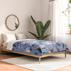 Life is better with books a hot drink and a friend // indigo blue background brown white and blue beagles and cats and classic blue cozy details Comforter Gallery Image 2