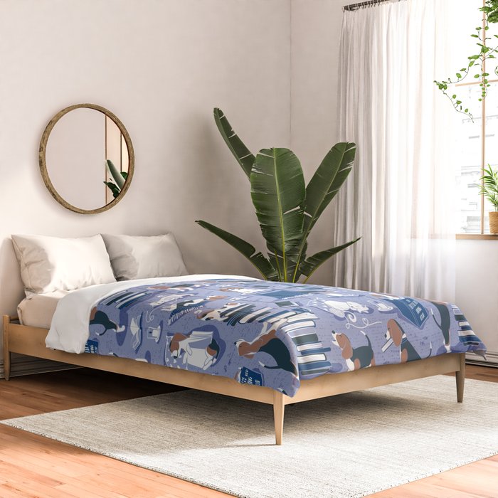Life is better with books a hot drink and a friend // indigo blue background brown white and blue beagles and cats and classic blue cozy details Comforter Gallery Image 2