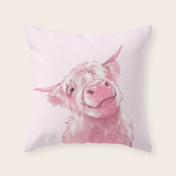 Highland Cow Pink Throw Pillow Gallery Image 6
