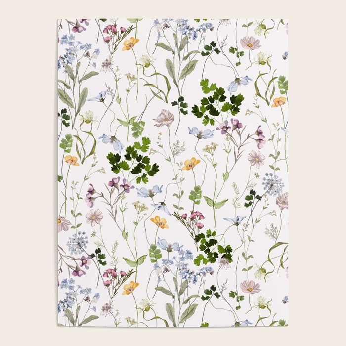 Hand Painted Watercolor Springflowers And Herbs Meadow  Poster Gallery Image 4