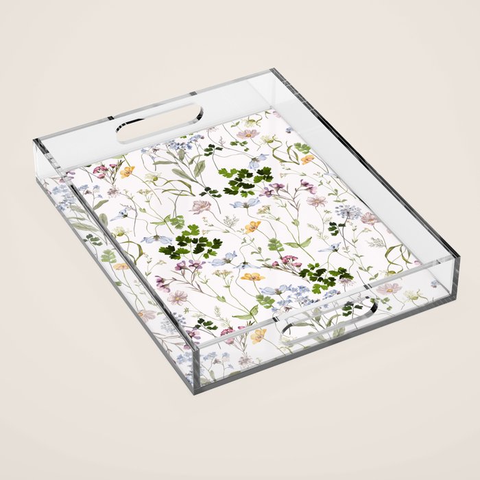 Hand Painted Watercolor Springflowers And Herbs Meadow  Acrylic Tray Gallery Image 1