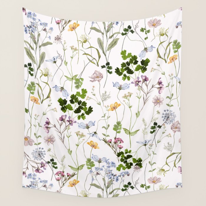 Hand Painted Watercolor Springflowers And Herbs Meadow  Wall Tapestry Gallery Image 4
