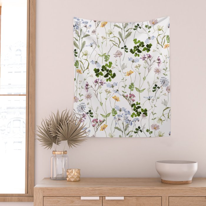 Hand Painted Watercolor Springflowers And Herbs Meadow  Wall Tapestry Gallery Image 2