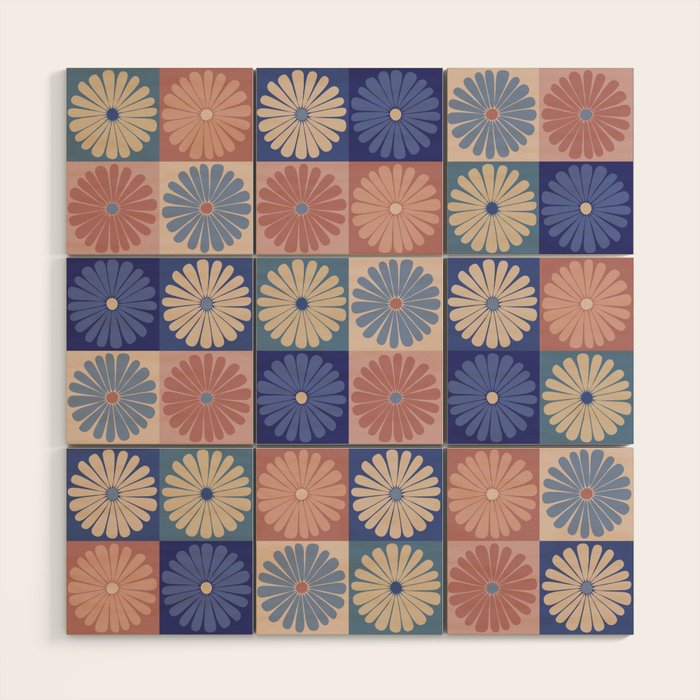 Retro Flowers Check Pattern XIII Wood Wall Art Gallery Image 1