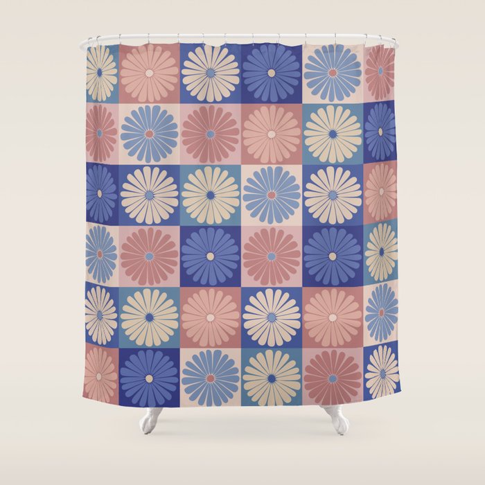 Retro Flowers Check Pattern XIII Shower Curtain Gallery Image 1