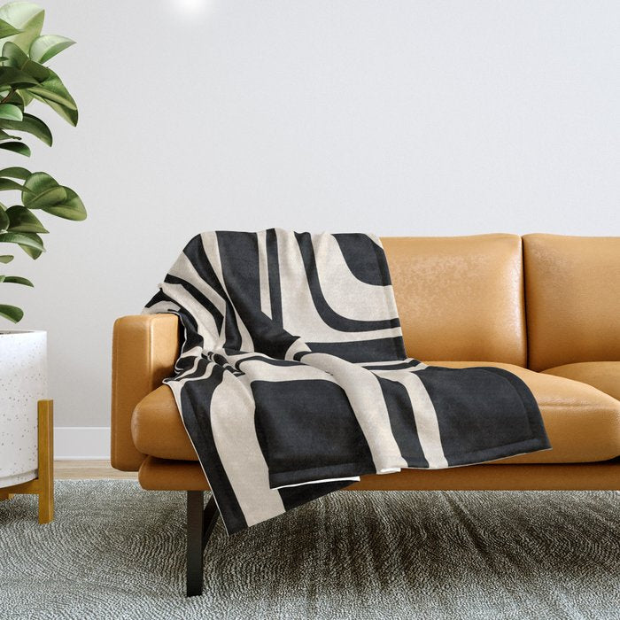 Palm Springs - Midcentury Modern Abstract Pattern in Black and Almond Cream  Throw Blanket Gallery Image 1