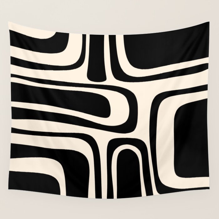 Palm Springs - Midcentury Modern Abstract Pattern in Black and Almond Cream  Wall Tapestry Gallery Image 1