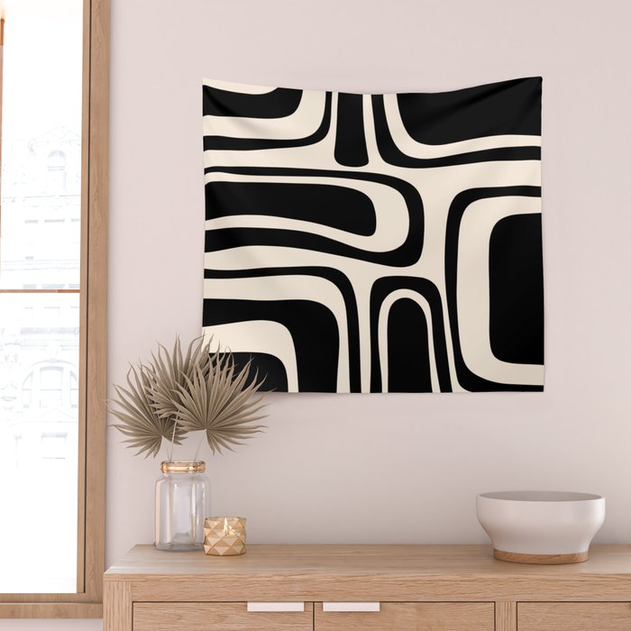 Palm Springs - Midcentury Modern Abstract Pattern in Black and Almond Cream  Wall Tapestry Gallery Image 2