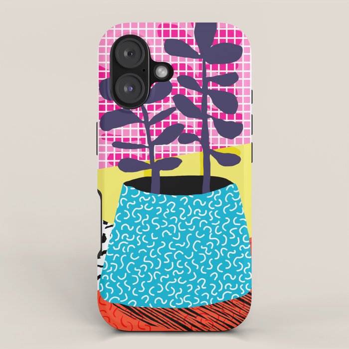 Shibby - neon 80's throwback potted plant indoor garden pink yellow red grid memphis los angeles pal iPhone Case Gallery Image 1