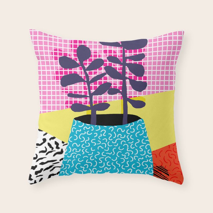 Shibby - neon 80's throwback potted plant indoor garden pink yellow red grid memphis los angeles pal Throw Pillow Gallery Image 1