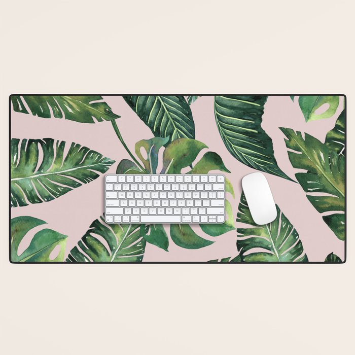 Jungle Leaves, Banana, Monstera Pink #society6 Desk Mat Gallery Image 1