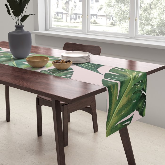 Jungle Leaves, Banana, Monstera Pink #society6 Table Runner Gallery Image 2